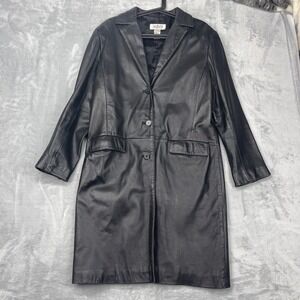 Alfani Genuine Leather Trench Coat Womens Medium Black Lined Vented Notch Lapel